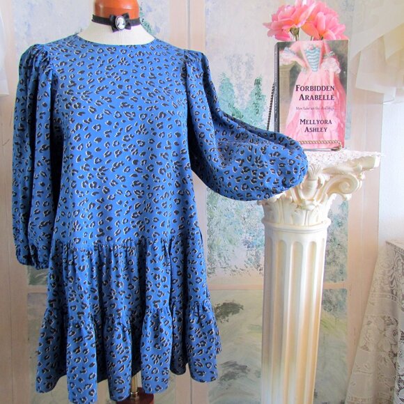 BLUE DRESS, S, BOHO w LONG PUFFED SLEEVES, TIERED RUFFLE HEM, NWOT,  ZARA - Picture 1 of 8